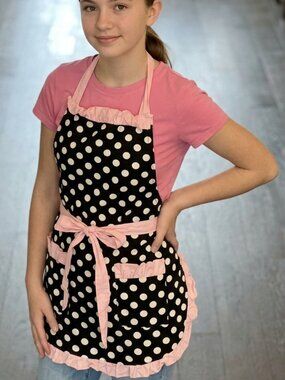 Handmade Kitchen Bib Apron Small Woman/Teen Girl Polka Dots Black, White, Pink